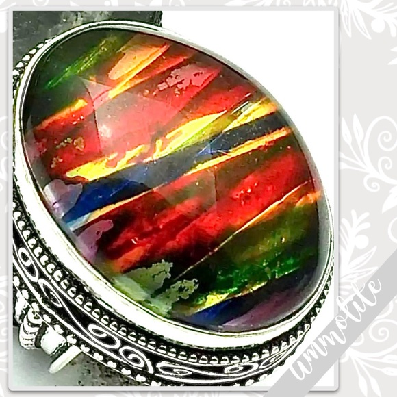Ammolite Large Eclectic Silver Artisan Ring, Size 7 (Red, Yellow, Blue, Green) - Picture 2 of 2